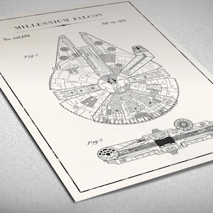 May include: A black and white line drawing of the Millennium Falcon spaceship, a popular spacecraft from the Star Wars franchise. The drawing is labeled "Millennium Falcon" and includes the patent number "No. 338,688" and date "Apr 19, 1979".