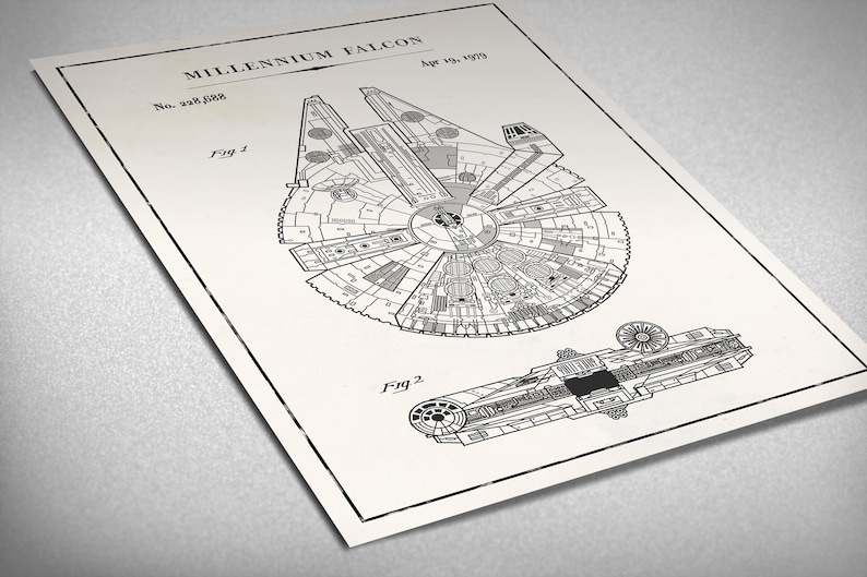 May include: A black and white line drawing of the Millennium Falcon spaceship, a popular spacecraft from the Star Wars franchise. The drawing is labeled "Millennium Falcon" and includes the patent number "No. 338,688" and date "Apr 19, 1979".