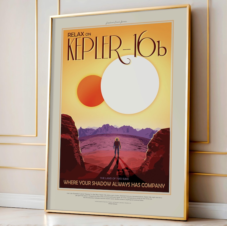 A vintage-inspired Nasa poster of Kepler-16b, an exoplanet with twin suns. The print shows a lone figure admiring the surreal landscape, perfect for contemporary home décor with a sci-fi twist.