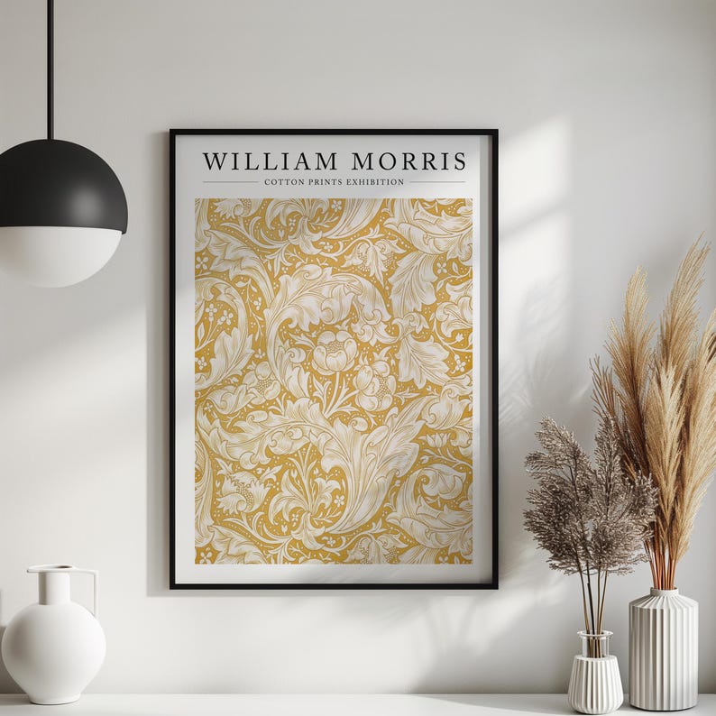 William Morris Gold Pattern Print displayed in a minimalist mockup. The intricate gold floral design adds a vintage yet luxurious feel, perfect for enhancing any interior space with classic charm.