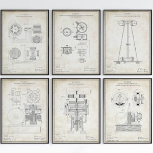 May include: A set of six vintage-style prints featuring black and white illustrations of Nikola Tesla's electrical inventions. Each print includes the title "N. Tesla" and the patent number. The prints are on a textured, off-white background.