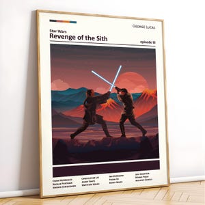 Może przedstawiać: Plakat Star Wars z kolorystyką czerwoną, pomarańczową i niebieską. Plakat przedstawia scenę z filmu Gwiezdne Wojny: Część III &ndash; Zemsta Sith&oacute;w, w kt&oacute;rej Anakin Skywalker i Obi-Wan Kenobi walczą na miecze świetlne. Tekst na plakacie brzmi "Star Wars Zemsta Sith&oacute;w odcinek III".