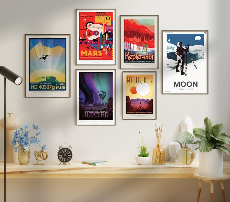 May include: Six framed posters with colorful illustrations of planets and celestial bodies. The posters feature text such as "Mars", "Kepler-186f", "Moon", "HD 40307g", "Jupiter", and "Kepler-10b".