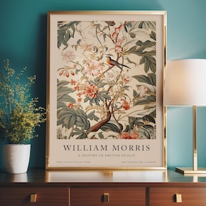 May include: A vintage poster featuring a botanical illustration of a flowering tree with a small bird perched on a branch. The poster is titled "William Morris, A History of British Design, The Avian Collection, Walthamstow, London."