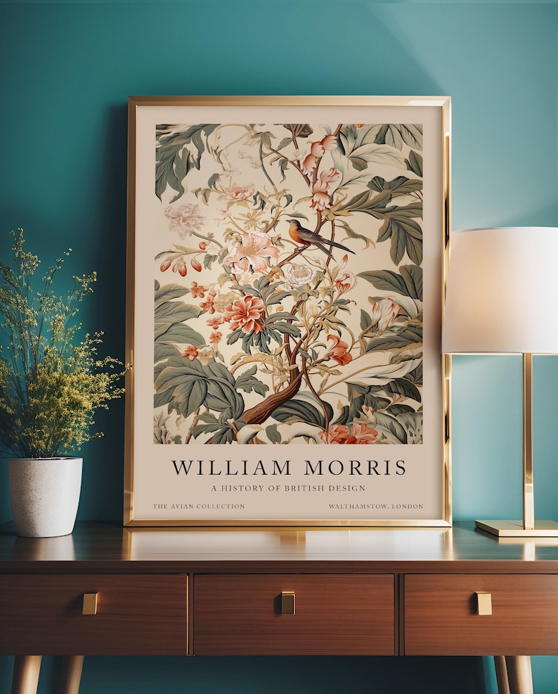 May include: A vintage poster featuring a botanical illustration of a flowering tree with a small bird perched on a branch. The poster is titled "William Morris, A History of British Design, The Avian Collection, Walthamstow, London."