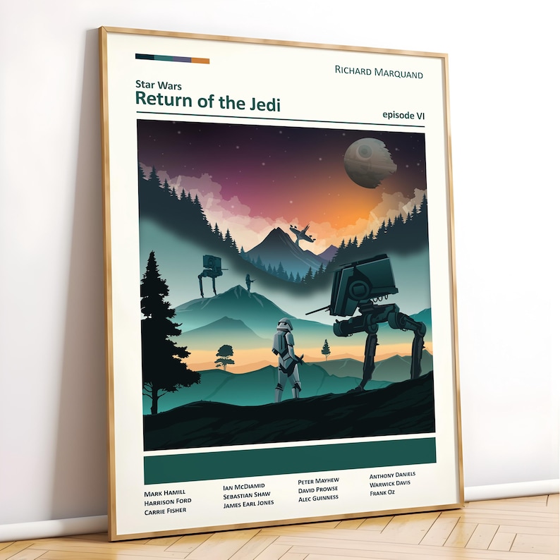 Może przedstawiać: Retro plakat do filmu Gwiezdne Wojny: Powr&oacute;t Jedi. Plakat przedstawia kolorową ilustrację leśnej scenerii z Gwiazdą Śmierci w tle. Tytuł filmu jest napisany pogrubionymi białymi literami u g&oacute;ry plakatu. Nazwiska aktor&oacute;w są wymienione na dole plakatu.