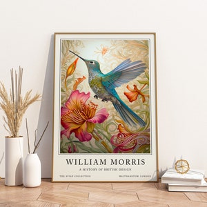 A print featuring a hummingbird and floral elements, designed in the style of William Morris, offering a blend of nature and historical British art for wall decor.