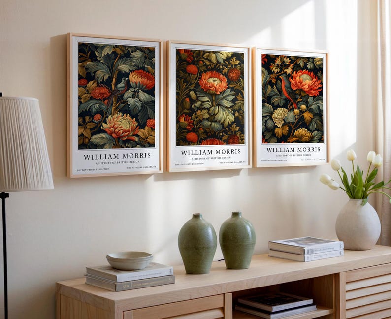 William Morris Bird & Floral Print featuring intricate orange flowers and lush green foliage with a small bird perched among the leaves. This vintage botanical print adds vibrant nature-inspired beauty to any room, ideal for wall décor or gifting