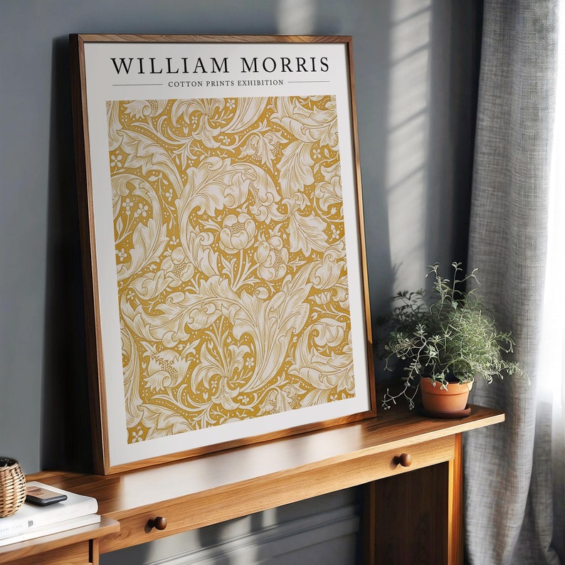 William Morris Gold Pattern Print featuring intricate floral motifs in warm gold tones. This Art Nouveau-inspired textile print adds vintage elegance, perfect for home decor or as a thoughtful gift.