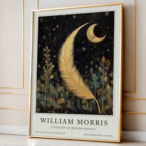 A trio of William Morris celestial posters featuring unique nature designs, each showcasing its own take on trees, moons, and stars, ideal for gallery walls.