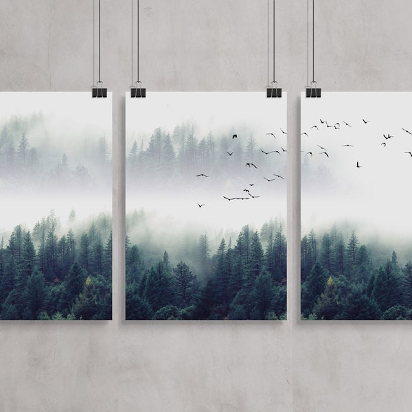 Nordic Forest Prints, Set of 3 Prints, Forest 3 Piece Set, Nordic Photography, Botanical Forest, Foggy, Misty, Landscape