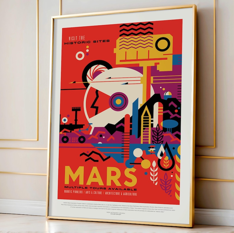 A retro-style Nasa poster celebrating the historic sites of Mars. This Giclee print shows vibrant, bold colors and geometric designs, making it a striking piece for any space-themed room.