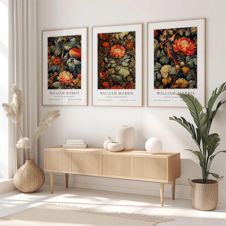 William Morris Botanical Print showcasing bold orange flowers and intricate leafy details, designed in a vintage style. This bird and floral print brings timeless beauty and nature-inspired charm to any living space