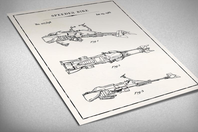 May include: A black and white line drawing of a speeder bike patent. The patent number is 3,777,368 and the date is Jan 29, 1974. The drawing shows three different views of the speeder bike.