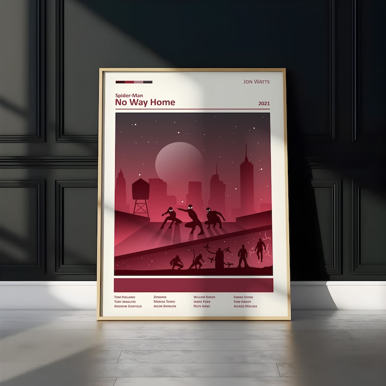 A stylish, minimalist poster featuring silhouettes of Spider-Man against a red and black cityscape backdrop with a full moon. Ideal for fans of Jon Watts' Spider-Verse film, this art print adds a modern, superhero flair to any wall decor.