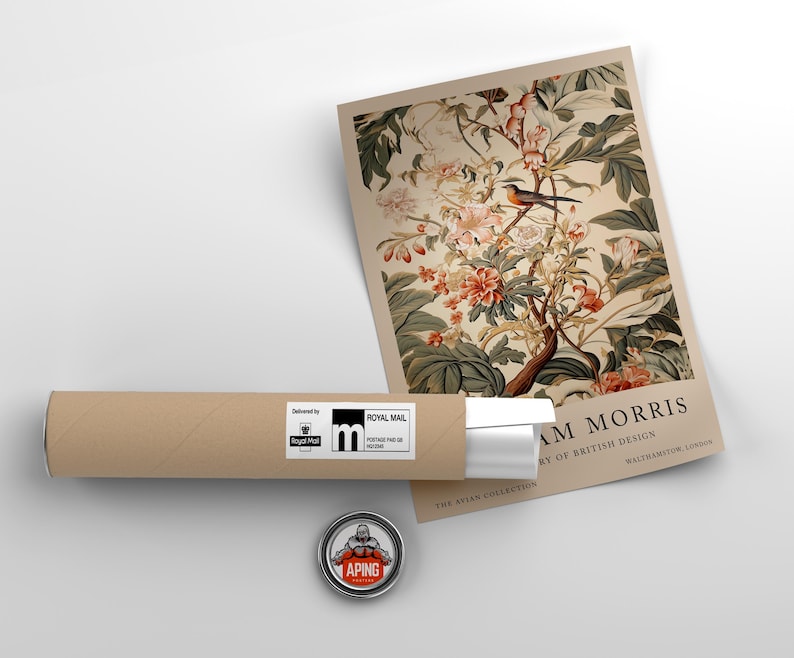 May include: A vintage poster featuring a floral design with a bird perched on a branch. The poster is titled "William Morris" and includes the text "History of British Design" and "Walthamstow, London".