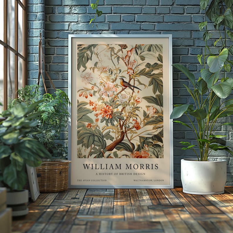 May include: A vintage poster featuring a botanical illustration of a flowering branch with a small bird perched on a branch. The poster is titled "William Morris: A History of British Design" and includes the text "The Avian Collection" and "Walthamstow, London".
