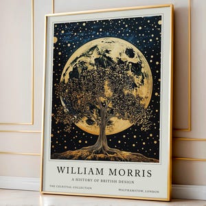 Close-up of William Morris nature poster set, highlighting intricate designs of trees, moons, and feathers, with detailed botanical elements. An ideal choice for Victorian-themed decor.