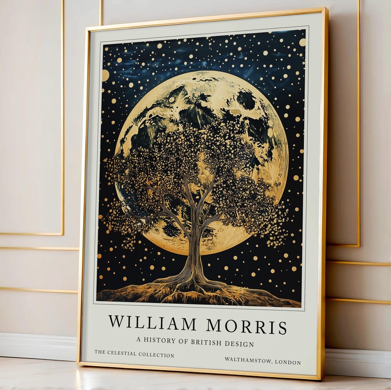 Close-up of William Morris nature poster set, highlighting intricate designs of trees, moons, and feathers, with detailed botanical elements. An ideal choice for Victorian-themed decor.
