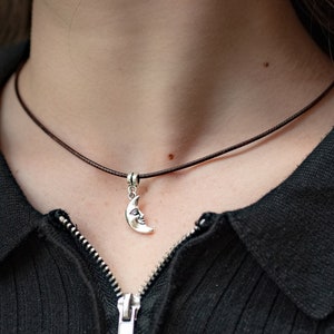 Moon Charm Necklace, Unisex Leather Necklace, Leather Cord Necklace, Minimalist Jewellery, Trendy Jewelry, Gift for Him Her, Accessories
