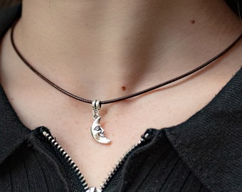 Moon Charm Necklace, Unisex Leather Necklace, Leather Cord Necklace, Minimalist Jewellery, Trendy Jewelry, Gift for Him Her, Accessories