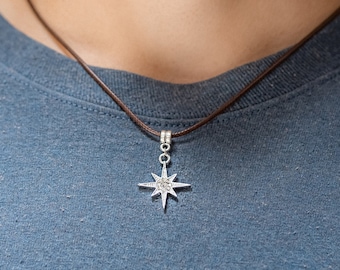 Star Charm Necklace - Unisex Leather Necklace - Boho-Style Necklace - Leather Cord Necklace - Starlight Leather Necklace - Trendy Jewelry