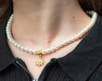 Pearl Necklace, Sun Charm Necklace, Minimalist Pearl Necklace, 8mm Pearl Necklace, Jewelry, Jewellery, Accessories, Gift For Him Her, Unisex