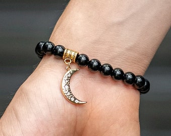 Moon Pearl Bracelet - Moon Charm Bracelet - Unisex Pearl Bracelet - Black Beaded Glass Pearl Bracelet - Modern Bracelet - Trendy Jewelry