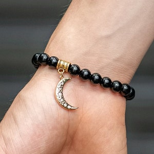 Braccialetto di perle di luna - Braccialetto con ciondolo di luna - Bracciale di perle unisex - Braccialetto di perle di vetro con perline nere - Braccialetto moderno - Gioielli alla moda