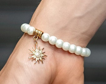 Pearl Bracelet, Sun Charm Bracelet, Minimalist Pearl Bracelet, 8mm Pearl Bracelet, Jewelry, Jewellery, Accessories, Gift For Him Her, Unisex