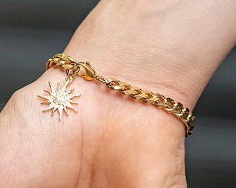 Sun Charm Bracelet - Sunrise Chain Bracelet - Unisex Bracelet - Stainless Steel Chain Bracelet - 7mm Chain Bracelet - Trendy Jewelry