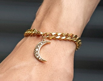 Moon Charm Bracelet - Unisex Bracelet - Stainless Steel Chain Bracelet - Moonrise Chain Bracelet - 7mm Chain Bracelet - Trendy Jewelry