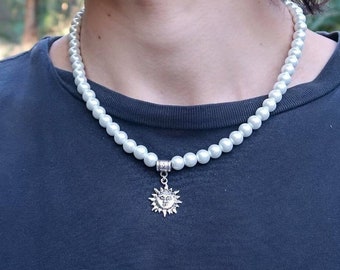 White Pearl Beaded Necklace - Sun Charm Necklace - Handmade Beaded Pearl Necklace - 8mm Pearl Necklace - Unisex Pearl Necklace