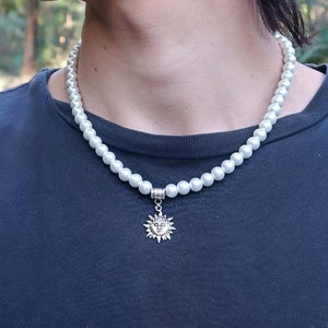 White Pearl Beaded Necklace - Sun Charm Necklace - Handmade Beaded Pearl Necklace - 8mm Pearl Necklace - Unisex Pearl Necklace
