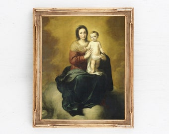 Mary and Jesus Printable Art, Vintage Catholic Art, Marian Art, Catholic Wall Decor, Mary and Jesus, Madonna and Child, Neutral Vintage Art