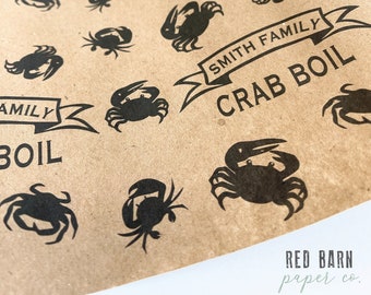 May include: Brown paper wrapping paper with a repeating pattern of black crabs and the text "Smith Family Crab Boil". The paper is from Red Barn Paper Co.