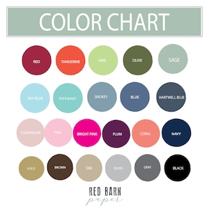 May include: A color chart with a variety of hues, including red, orange, green, blue, and pink. Each color is displayed in a circular shape with the color name printed below. The text "COLOR CHART" is at the top, and "RED BARN paper" is at the bottom.