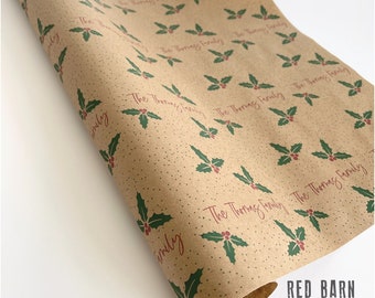 Christmas Holly, personalized gift wrap on Kraft paper, Recyclable gift wrap