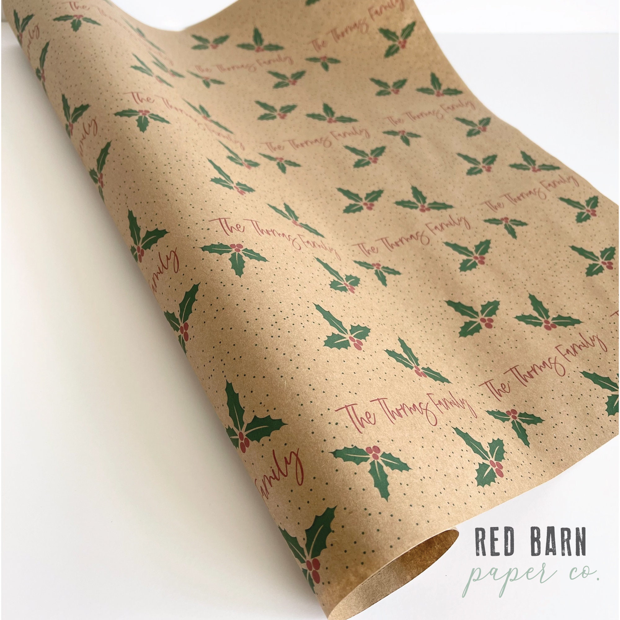 Christmas Holly, Personalized Gift Wrap on Kraft Paper, Recyclable