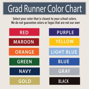 May include: A color chart titled "Grad Runner Color Chart" with a selection of colors including red, maroon, orange, green, navy, gold, purple, yellow, light blue, blue, gray, and black. The text advises selecting the closest color to school colors.