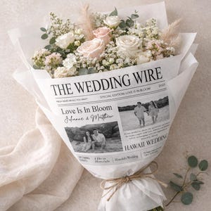 Custom Wedding Announcement Newspaper Themed | Fresh Flower Bouquet Wraps | Brown Kraft Paper