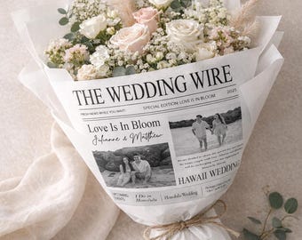 Custom Wedding Announcement Newspaper Themed | Fresh Flower Bouquet Wraps | Brown Kraft Paper
