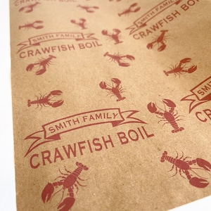 May include: Brown paper with a repeating pattern of red crawfish and the text "Smith Family Crawfish Boil".