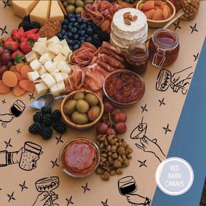 May include: A charcuterie board with a variety of cheeses, meats, fruits, and dips. Includes strawberries, blueberries, grapes, olives, and nuts. The board is arranged on a brown surface with hand-drawn illustrations and the text "Red Barn Canavs".
