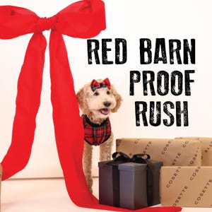 May include: A small dog wearing a red and black plaid shirt with a red bow on its head is peeking out from behind a red bow. The dog is standing on a brown surface with several brown packages wrapped in paper with the word "COSETTE" printed on them. The text "RED BARN PROOF RUSH" is printed in black letters on a white background.