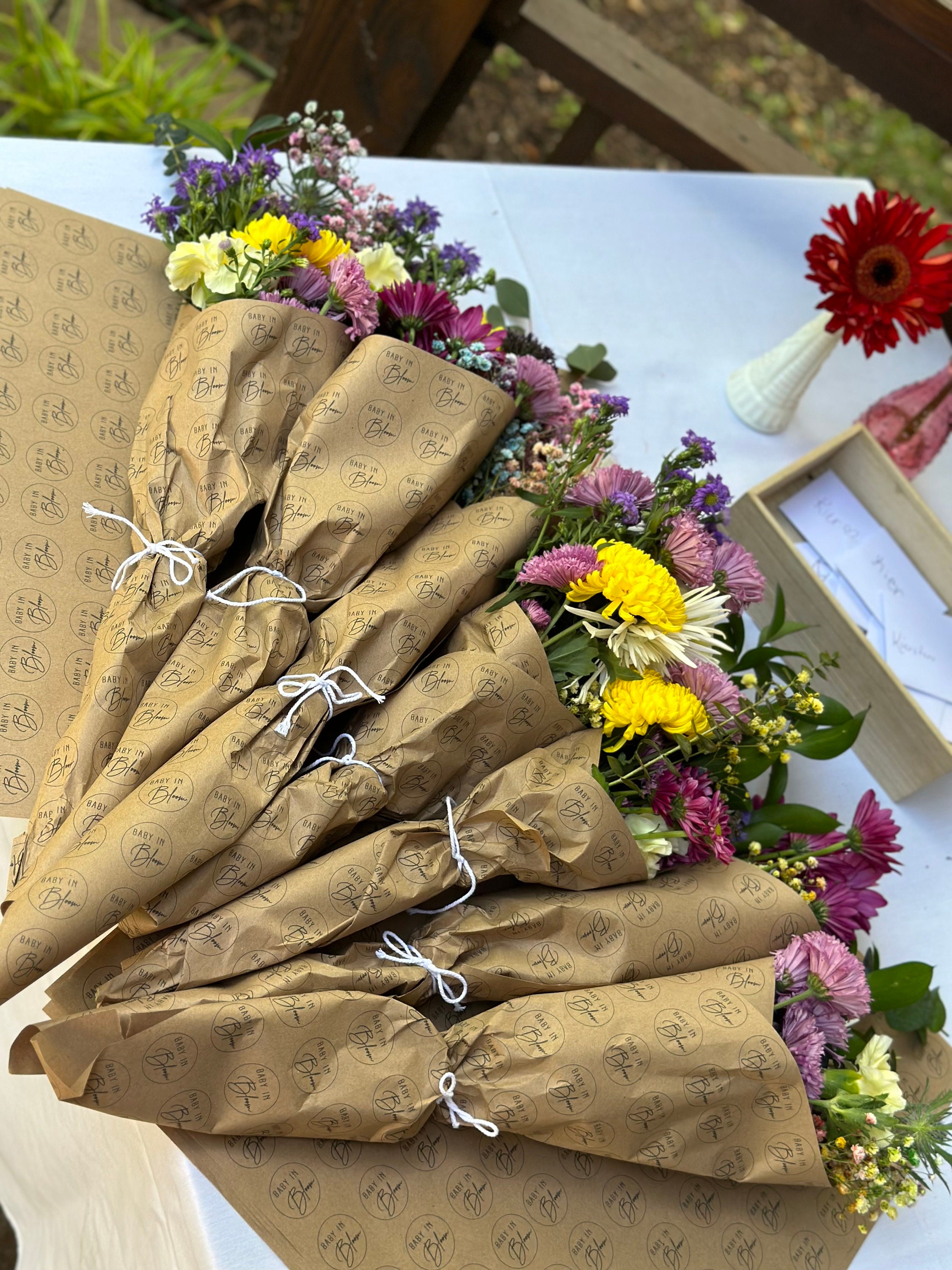 Baby in Bloom Fresh Flower Bouquet Wraps Brown Kraft Paper 