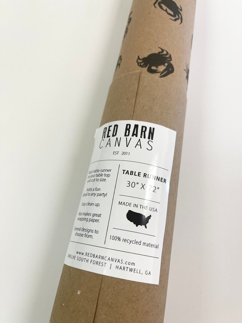 May include: A brown paper tube with a white label that says "Red Barn Canvas Est 2011". The label also says "Table Runner 30" x 72" Made in the USA 100% recycled material www.redbarncanvas.com Twelve South Forest | Hartwell, GA".