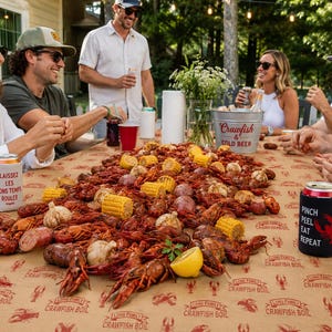 May include: A crawfish boil feast on a table with friends. The table is covered with crawfish, corn, potatoes, and lemons. There are drinks and a bucket that says "Crawfish & Cold Beer". Some drink koozies say "Pinch Peel Eat Repeat" and "Laissez les bons temps rouler".