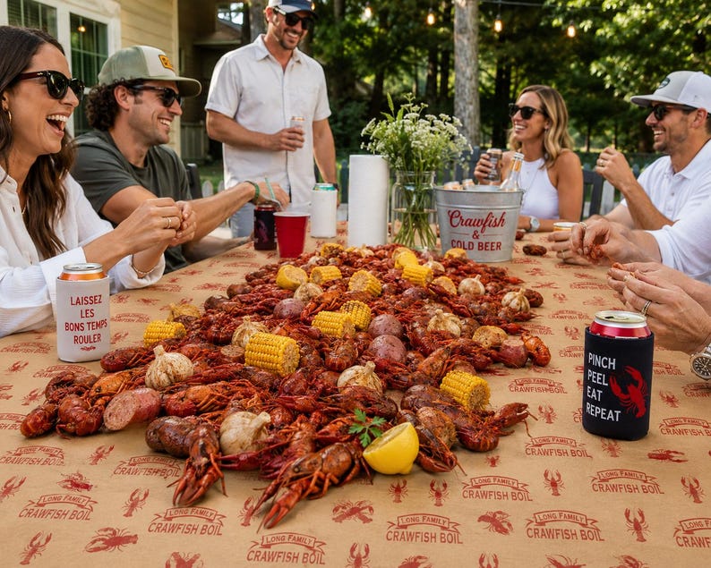 May include: A crawfish boil feast on a table with friends. The table is covered with crawfish, corn, potatoes, and lemons. There are drinks and a bucket that says "Crawfish & Cold Beer". Some drink koozies say "Pinch Peel Eat Repeat" and "Laissez les bons temps rouler".