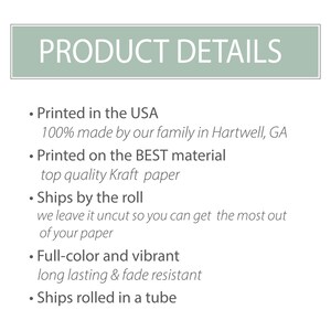 May include: Text on a white background with the heading "PRODUCT DETAILS". The text includes details about the product, such as being printed in the USA on Kraft paper, shipped by the roll, and full-color and vibrant.